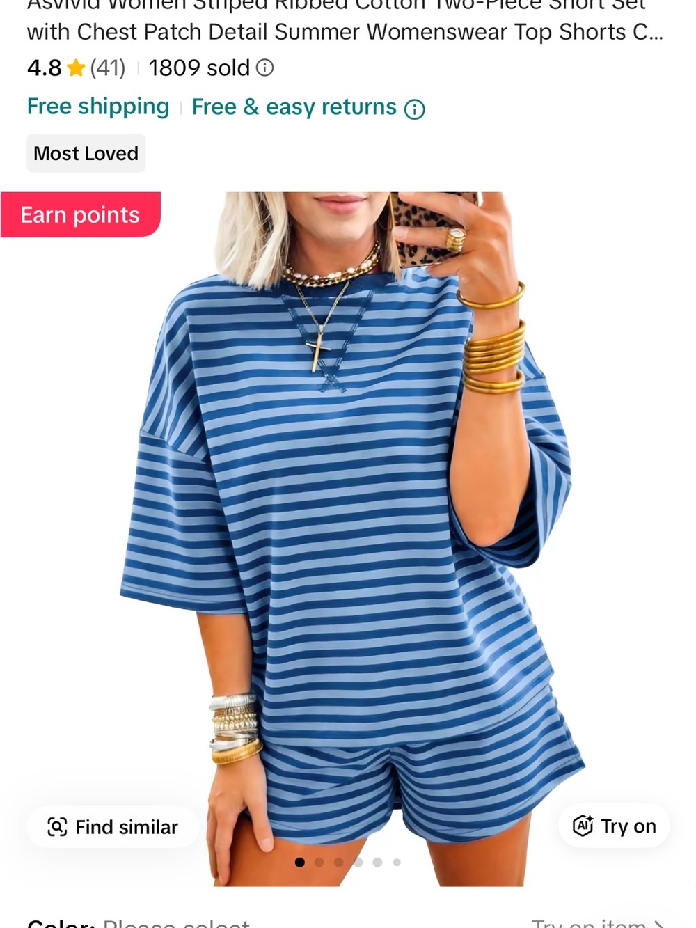 Striped Blue Two-Piece Lounge Set - Women